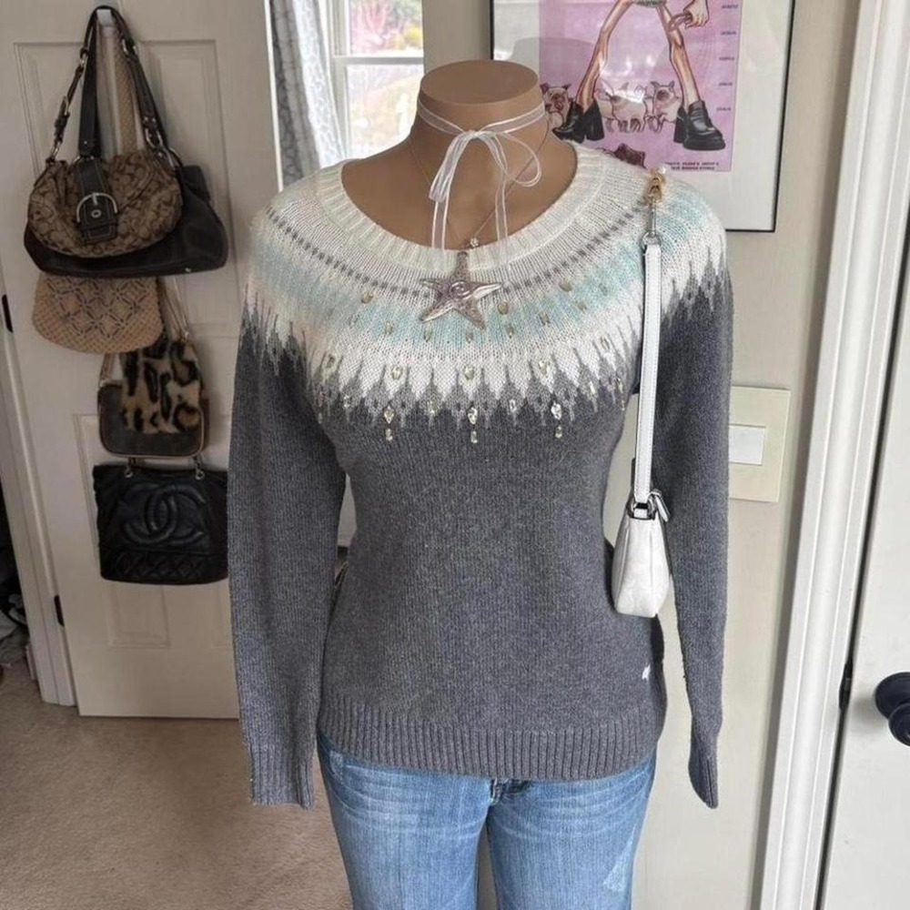 Y2K‎ 2000s Abercrombie mcbling Fair Isle Grey Knit Sweater